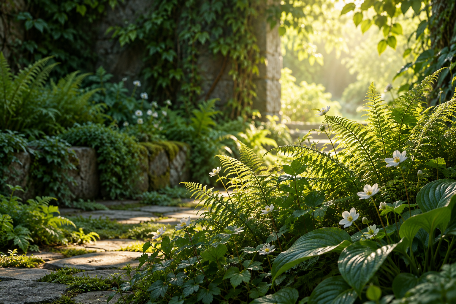 Fresh ferns and white blossoms flourishing beside a garden opening into morning light